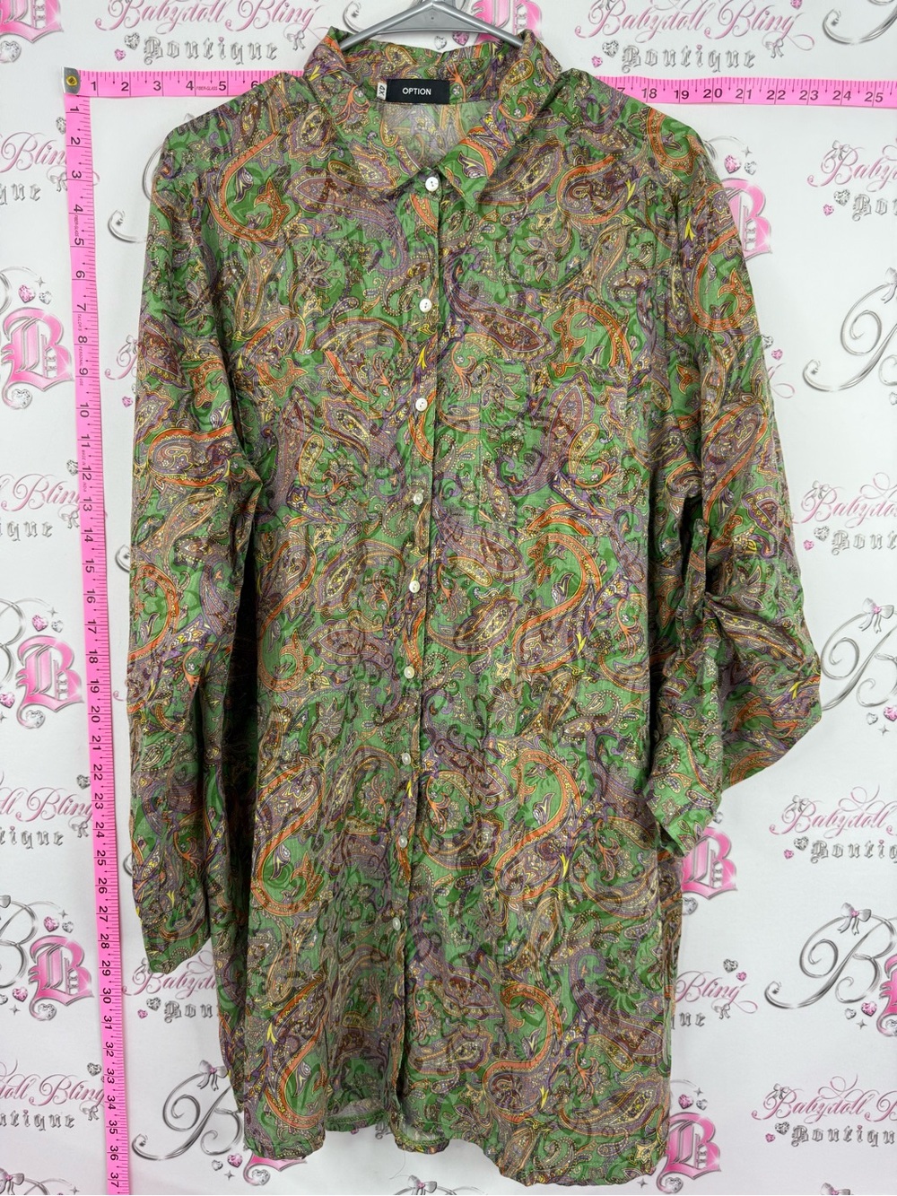 OPTION dress or long shirt button up Green Paisley Button-Down Shirt